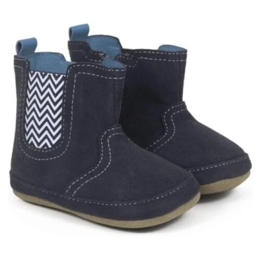 Robeez First Kicks Maddox Navy Leather Boot Size 6-9 Months Zipper,Baby, New